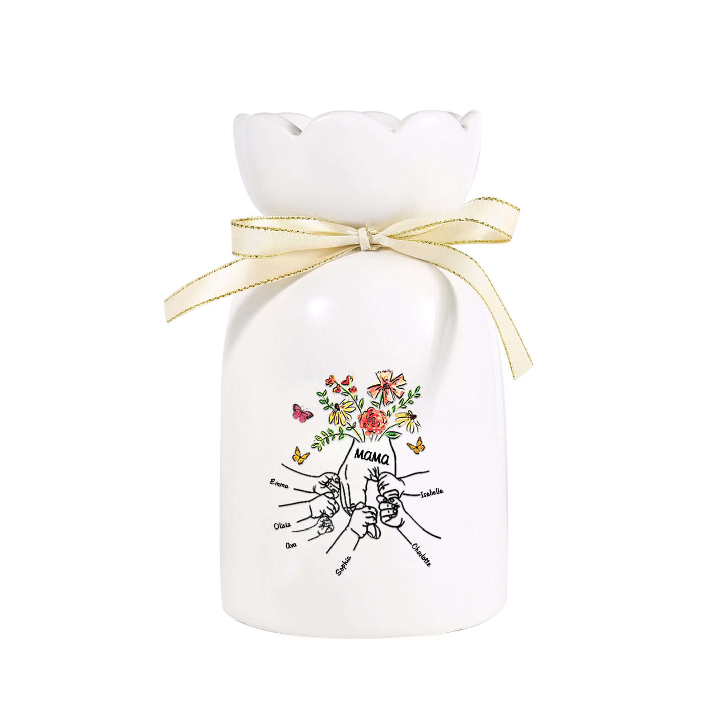 Personalisierte 6 Namen & Text Blumen & Schmetterling Familie Vase Geschenk für Mama/ Oma