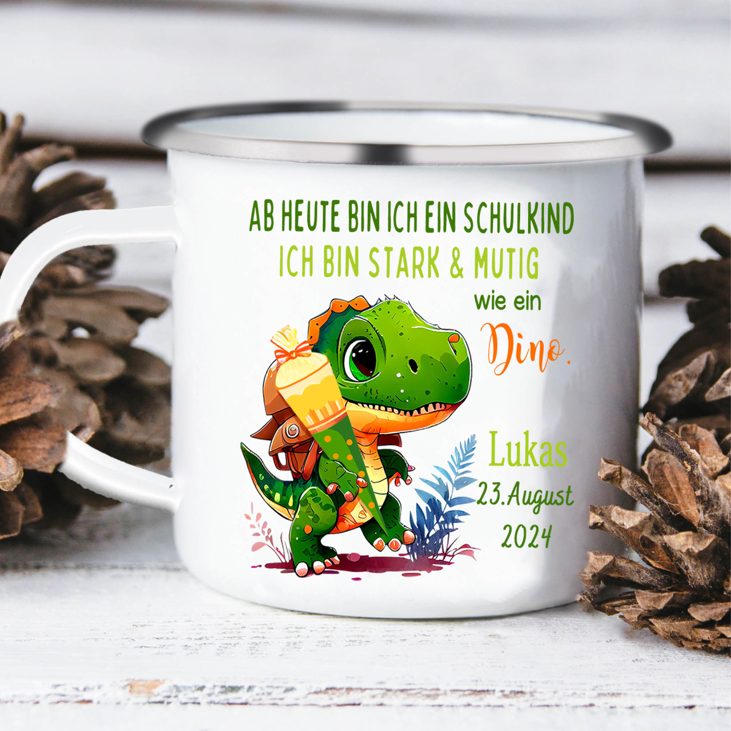 Emaille Tasse-Personalisierter Name & Datum Dino Becher - Ich bin stark & mutig wie ein Dino - Geschenk zum Schulanfang