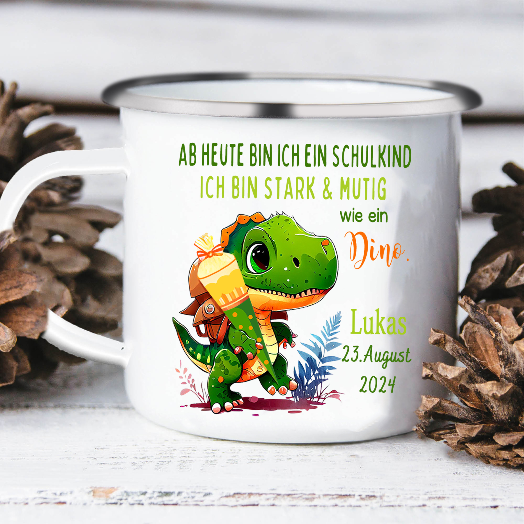 Emaille Tasse-Personalisierter Name & Datum Dino Becher - Ich bin stark & mutig wie ein Dino - Geschenk zum Schulanfang