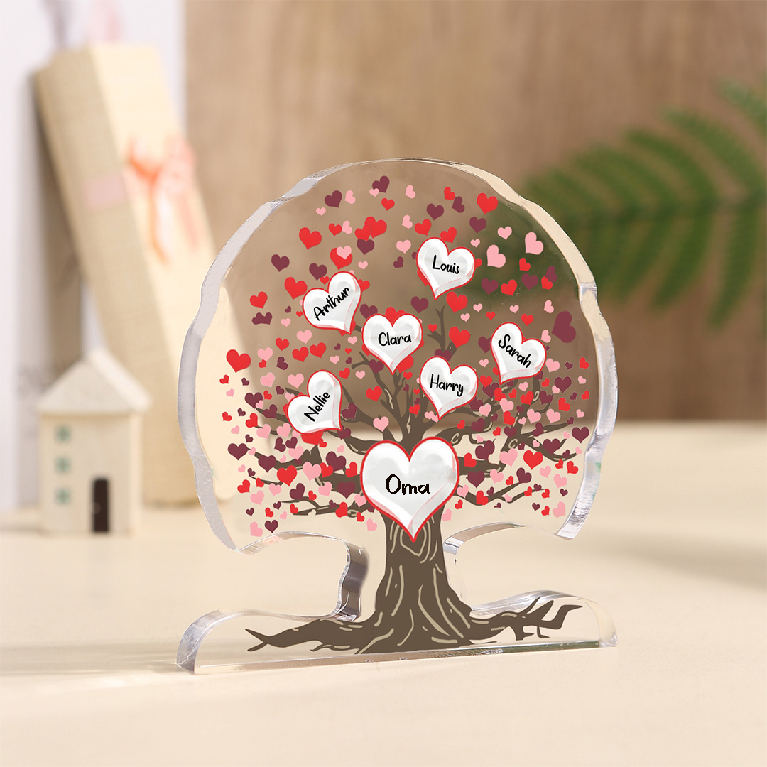 Personalisierte 3-7 Namen Lebensbaum mit roten Herzen Acryldeko Schreibdekoration – Ein einzigartiges Geschenk für Oma Großmutter