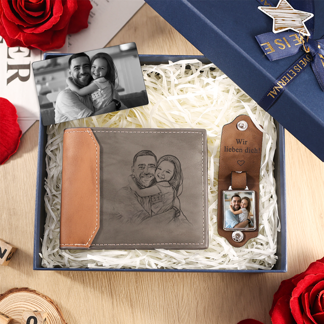 Personalisiertes Foto & Name & Buchstabe Herren Geldbörse & Foto & Text Schwarz-weiße Geldbörse Karte & Foto & 2 Texte Schlüsselanhänger Geschenkbox Set für Mann