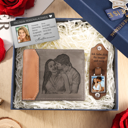 Personalisiertes Foto & Name & Buchstabe Herren Geldbörse & Foto & 2 Datum & 5 Texte Geldbörse Karte & Foto & Text Schlüsselanhänger Geschenkbox Set für Mann/ Freund