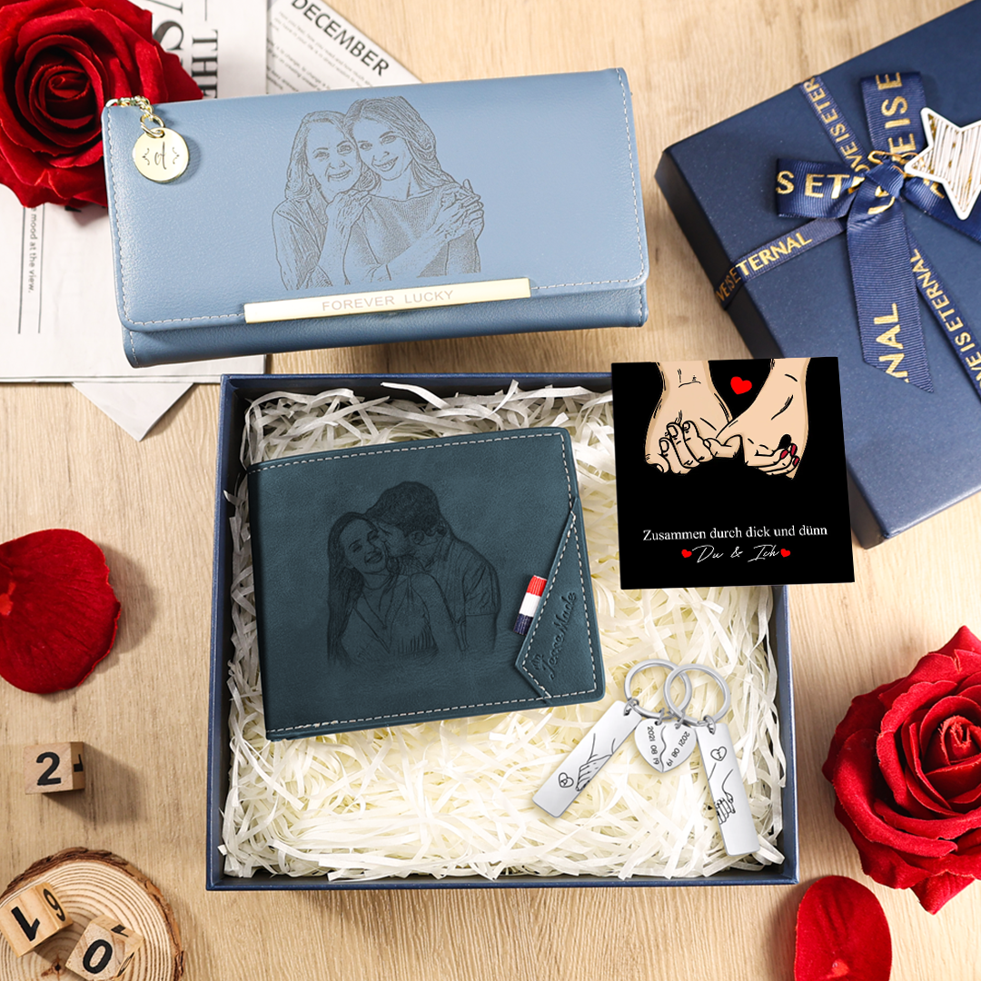 Personalisierte Foto & Name & Buchstabe PU Leder Herren Geldbörse & Foto & Buchstabe Blaue Damen Geldbörse & 2 Buchstaben & Datum Paar-Schlüsselanhänger & Geschenkkarte Geschenkbox Set für Paar  