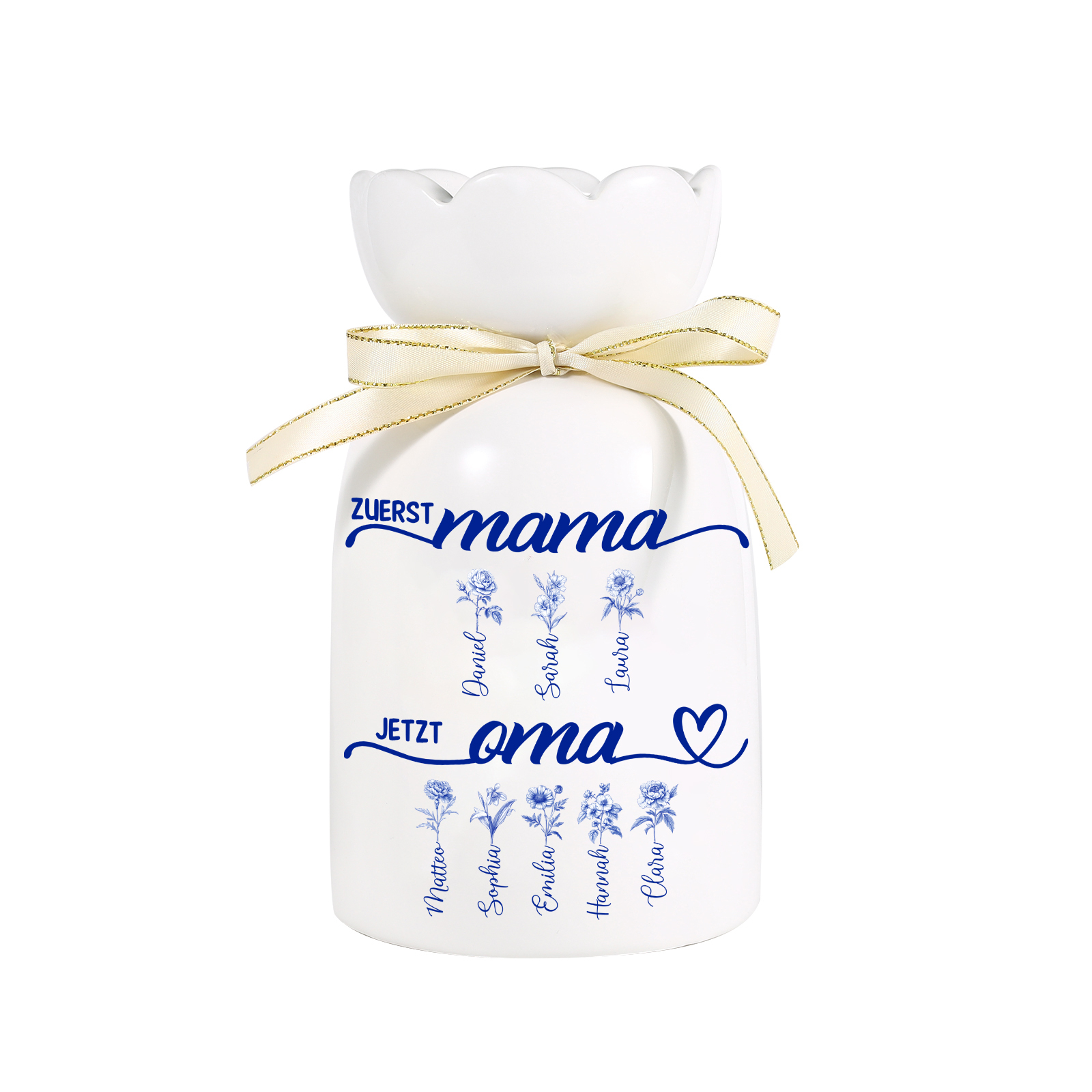 Personalisierte Blumenvase Erste Mama jetzt Oma – blau floral