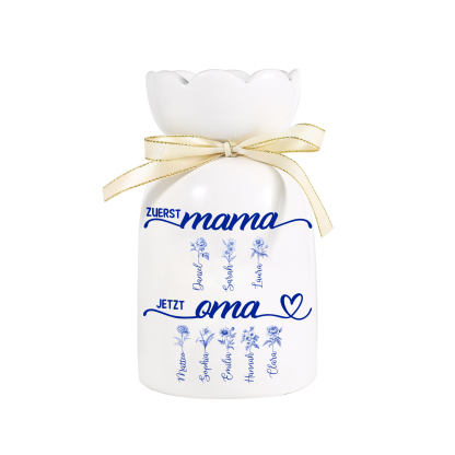 Personalisierte Blumenvase Erste Mama jetzt Oma – blau floral