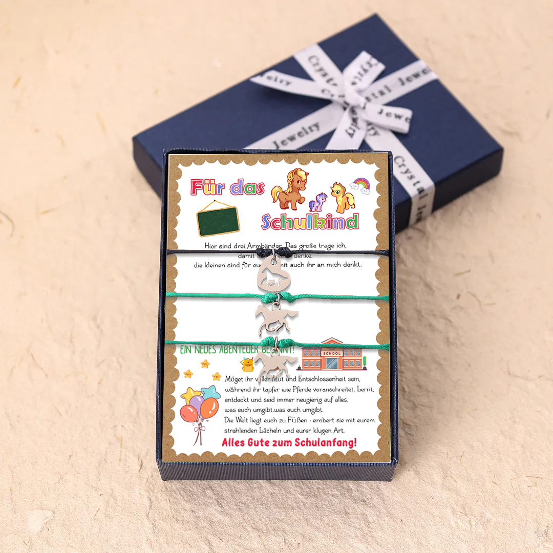 Pferd Armbänder Set mit 3 Ketten Für das Schulkind Die Welt liegt euch zu Füßen-erobert sie mit eurem strahlenden Lächeln und eurer klugen Art Schulanfang Geschenk mit Nachrichtenkarte