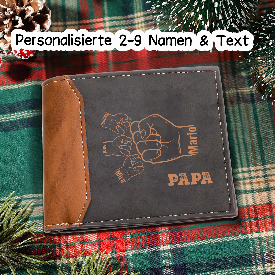 Herren Personalisierte 2-9 Namen & Text Papa Faust Leder Geldbörse-Geschenk für Vater / Opa