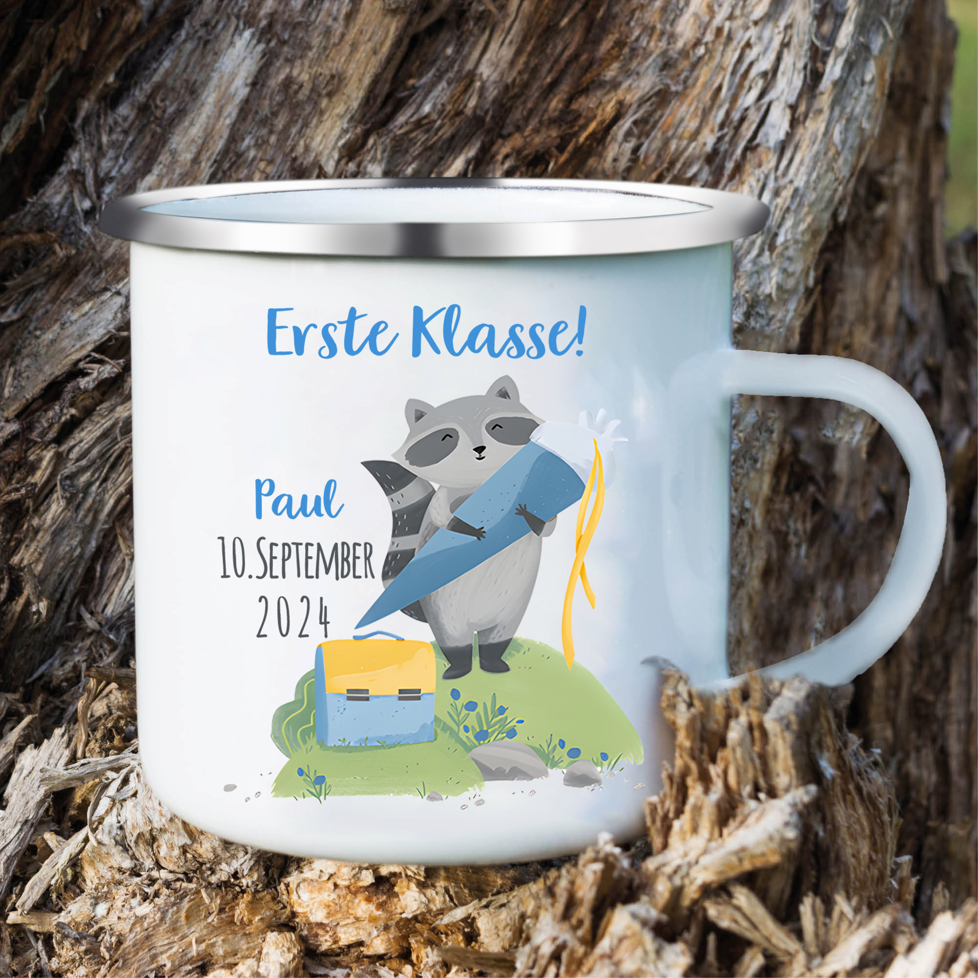 Emaille Tasse-Personalisierter Name & Datum Waschbären Becher -Erste Klasse - Geschenk zum Schulanfang