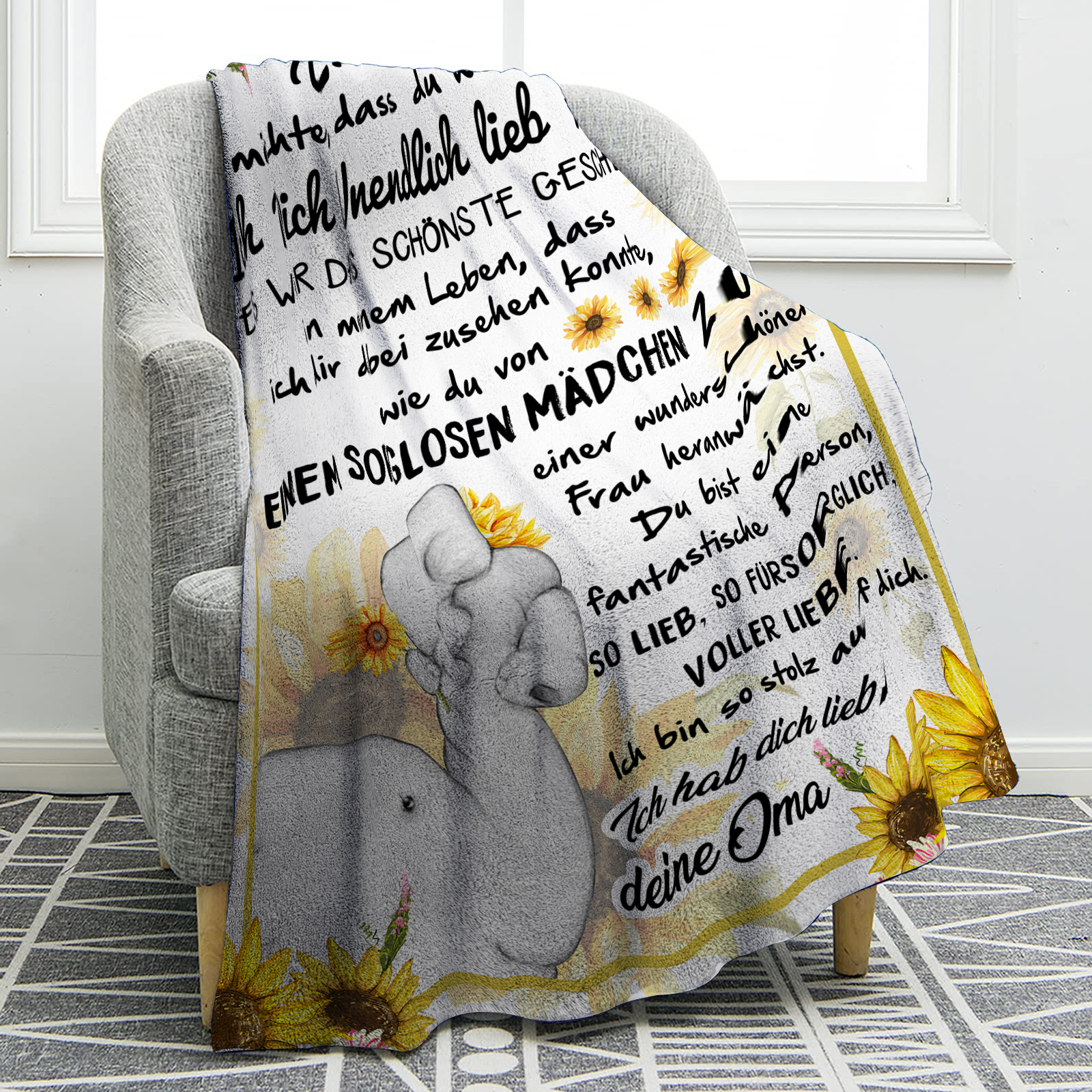Personalisierte 1-6 Namen Elefant & Sunflower Flanell Decke – Perfektes Geschenk für Enkelin