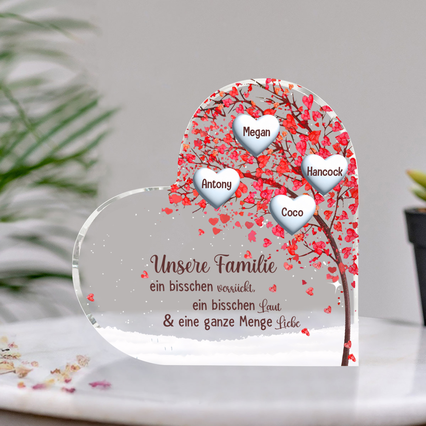 Personalisierte 4 Namen Herz Familienbaum Acryl-Deko– Liebevolle Schreibtischdekoration für Familie