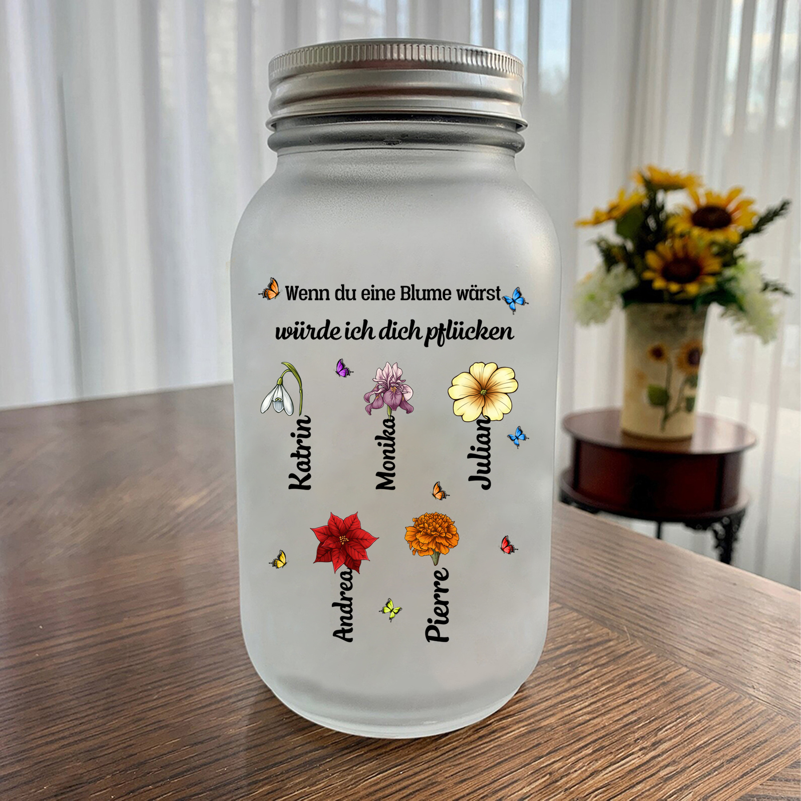 Personalisierte 1-10 Namen & 2 Texte Licht mit Blumen - Wenn du eine Blume wärst, würde ich dich pflücken - Glasflaschen
