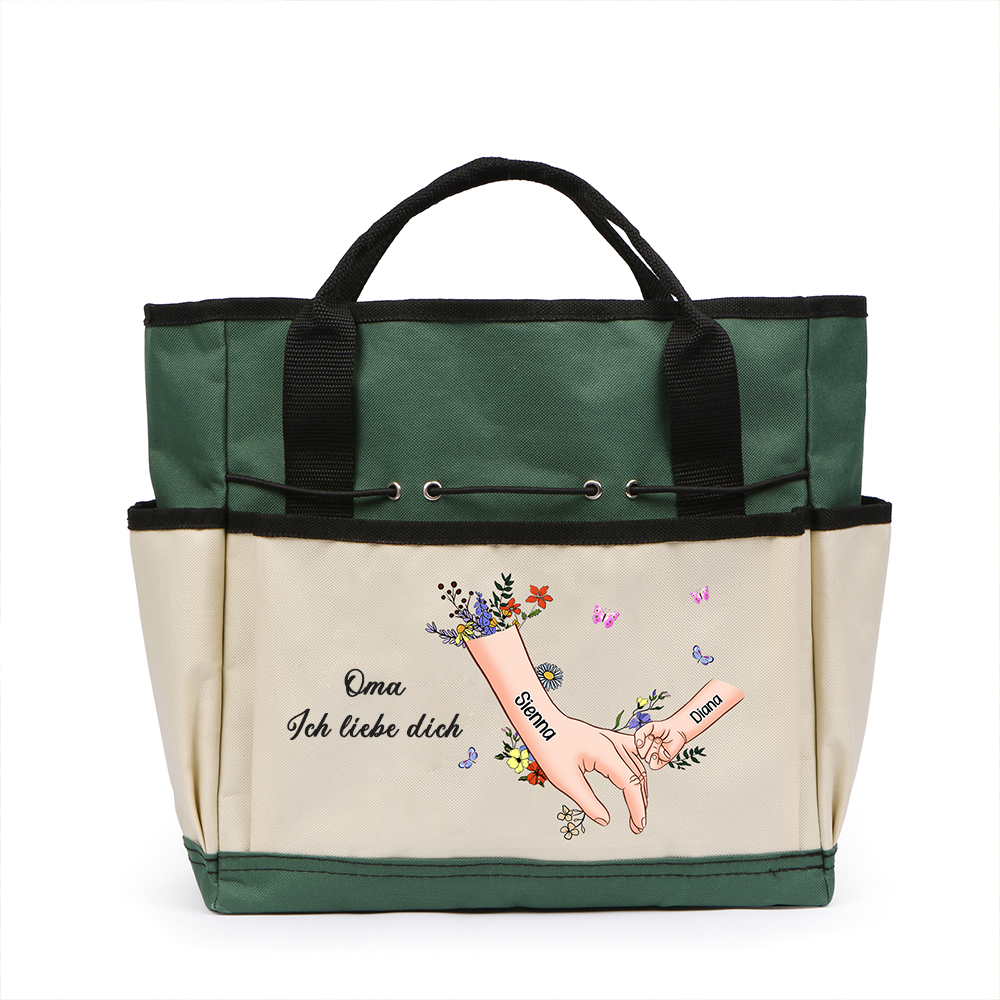 Personalisierte 2-8 Namen & Text Gartentasche Blume Hand in Hand Famil