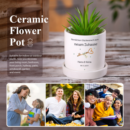 Personalisierbare 3 Texte & Nummer Liebespaar Blumentopf Einweihungsgeschenk Geschenk für ein neues Zuhause