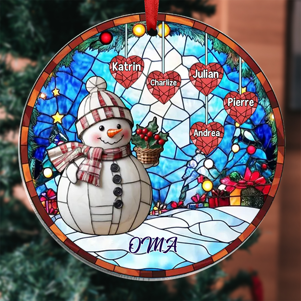 Personalisierte 1-10 Namen Weihnachtsornament Runder Acryl-Anhänger mit Schneemann & Herzen für Oma Großmutter