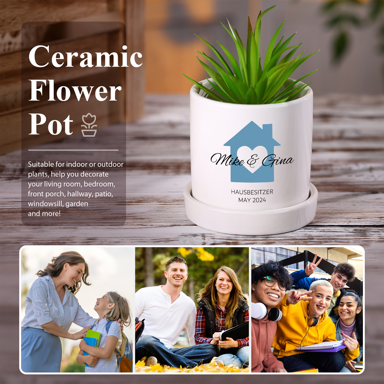 Personalisierbarer 1 Name & Text & Datum Liebespaar Blumentopf Einweihungsgeschenk Geschenk für ein neues Zuhause