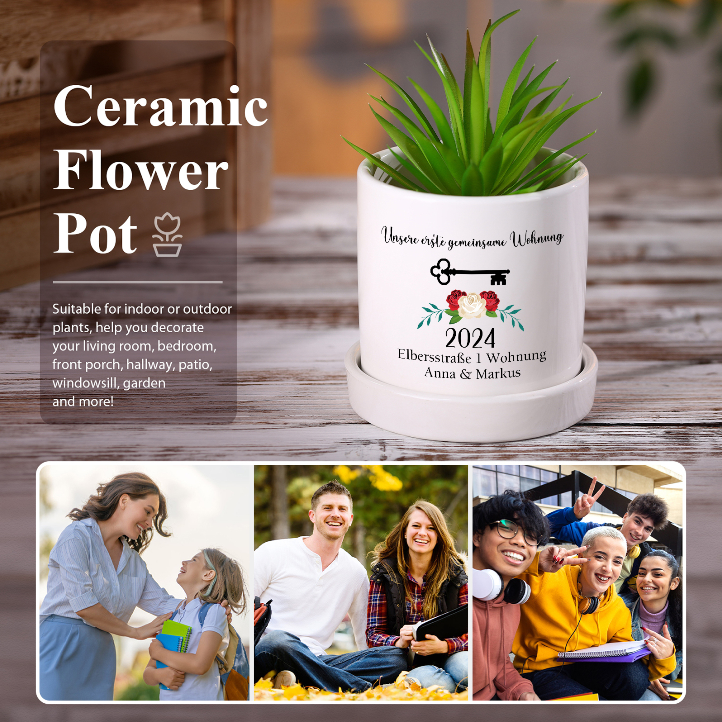 Personalisierbare 2 Texte & Jahr Liebespaar Blumentopf Einweihungsgeschenk Geschenk für ein neues Zuhause