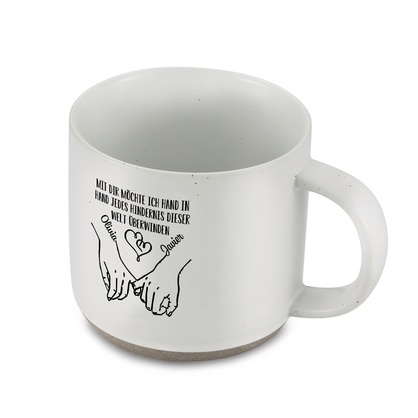 Personalisierte 2 Name & Text Hand-in-Hand Keramik Mark-Tasse mit schwarzer/ weißer Schrift– Einzigartiges Geschenk für Paar