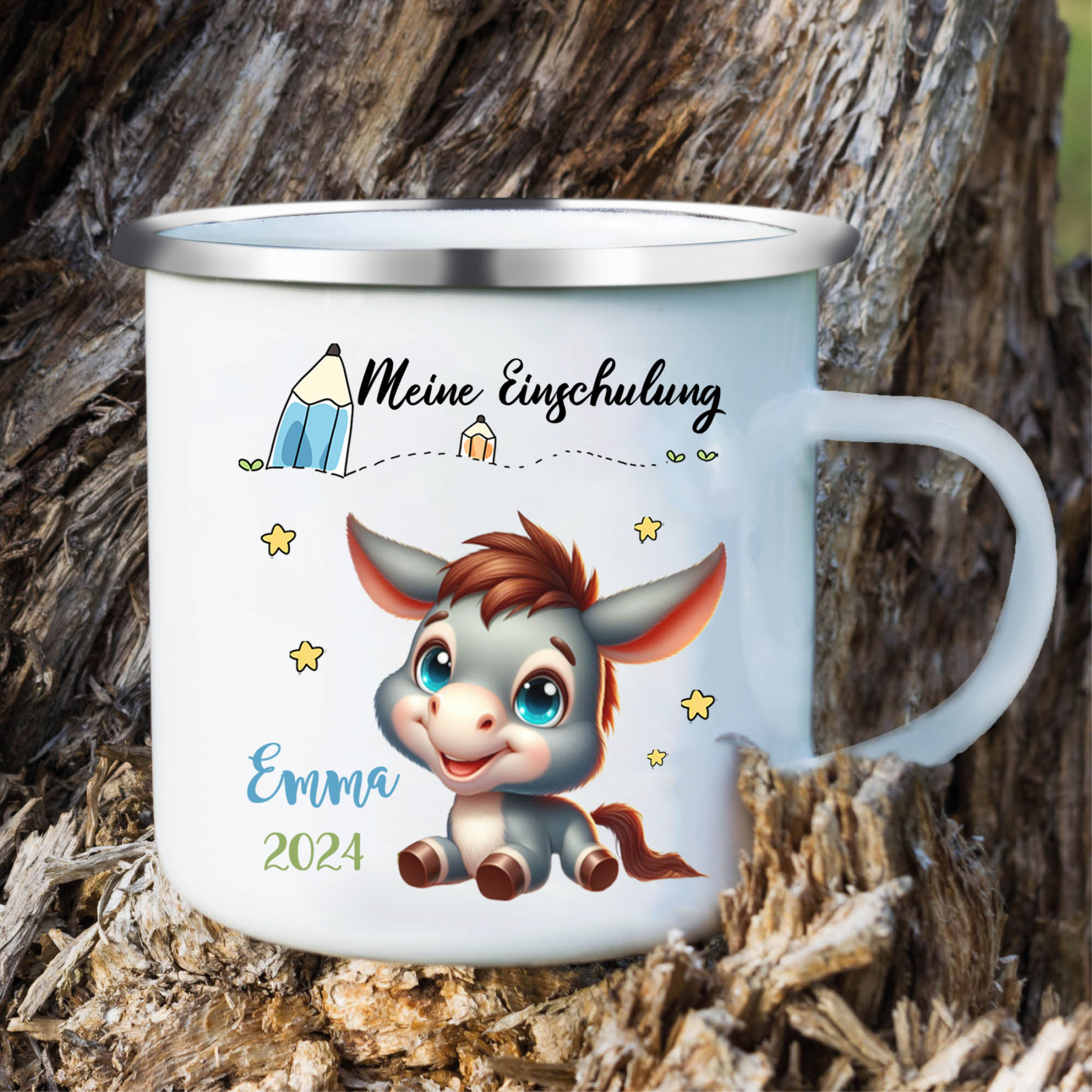 Emaille Tasse-Personalisierter Name & Datum Eselchen Becher -Meine Einschulung- Geschenk zum Schulanfang