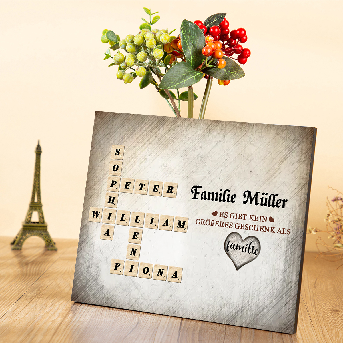 Personalisierte 2-12 Namen Holzbild Rechtsschreibspiel im Kreuzworträtsel-Stil – Liebe Familie – Geschenk für Familie