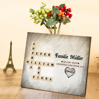 Personalisierte 2-12 Namen Holzbild Rechtsschreibspiel im Kreuzworträtsel-Stil – Liebe Familie – Geschenk für Familie