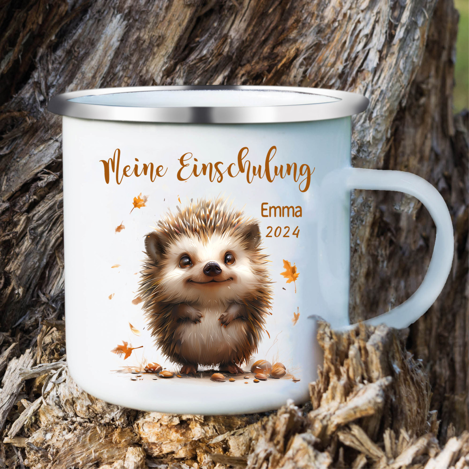 Emaille Tasse-Personalisierter Name & Datum Igel Becher -Meine Einschulung- Geschenk zum Schulanfang