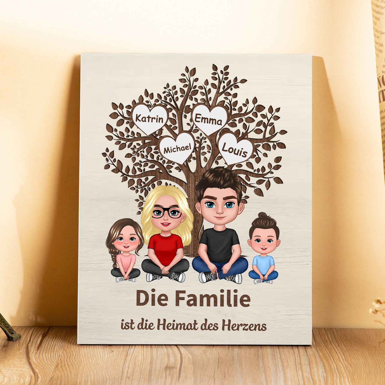 Familie Holzbild - Personalisierte 2-8 Namen auf Herzen & Familienbaum Holz Gedenkdekoration Geschenk für Familie