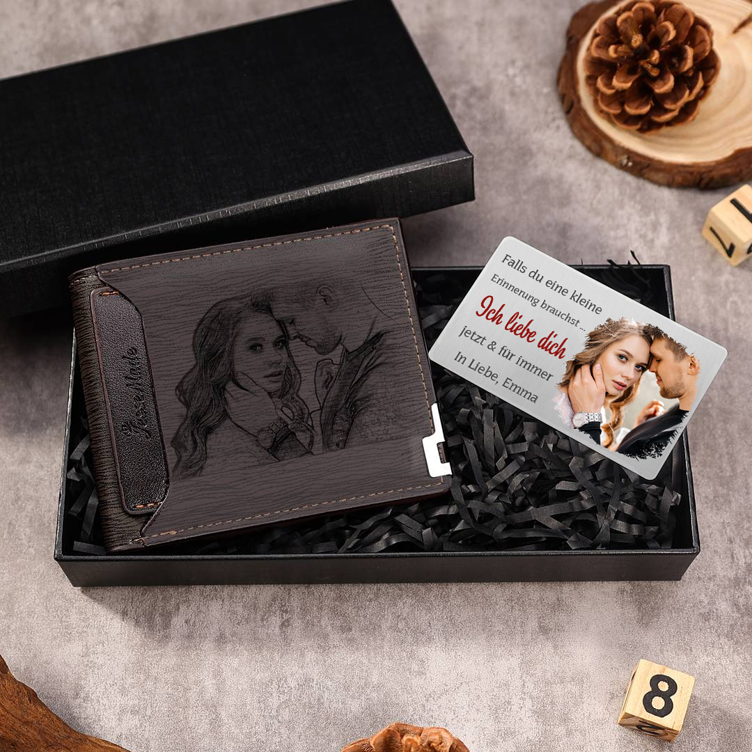 Personalisierter Name & Buchstabe & Foto Braun Leder-Herren-Geldbörse & Foto & 1 Text Wallet Card Geschenkbox Set