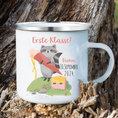 Emaille Tasse-Personalisierter Name & Datum Waschbären Becher -Erste Klasse - Geschenk zum Schulanfang