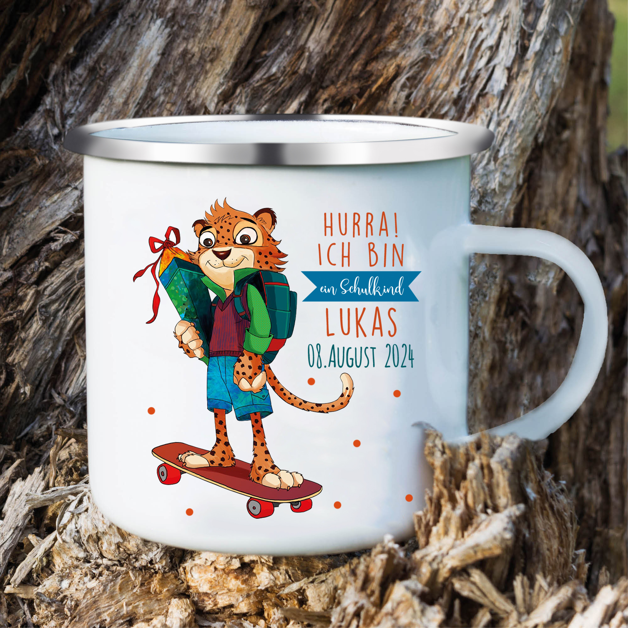 Emaille Tasse-Personalisierter Name & Datum Tiger Becher - Hurra ich bin ein Schulkind Ich kann alles schaffen - Geschenk zum Schulanfang