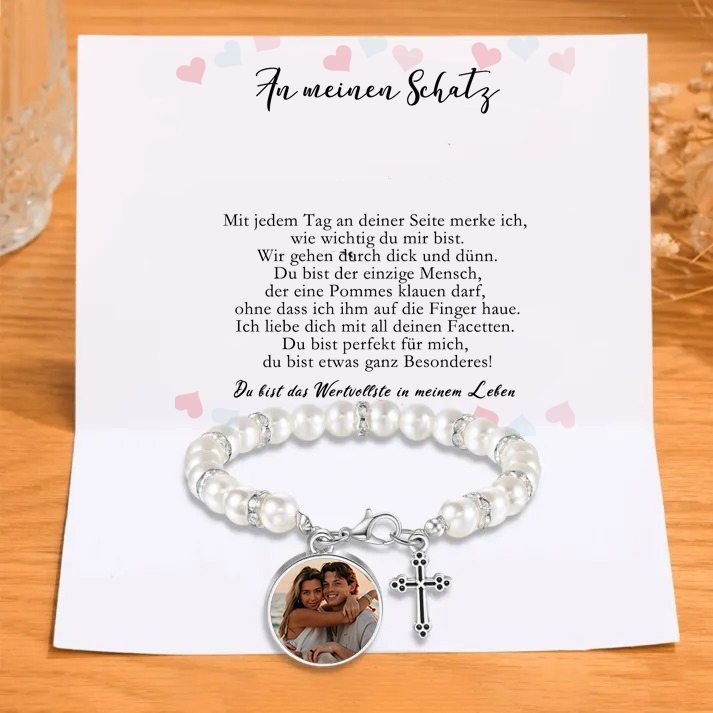 Personalisiertes Foto Armband mit Kreuzanhänger & Geschenkkarte - An meinen Schatz - Schwarz/ Rot/ Weiß/ Lila Perle Armband