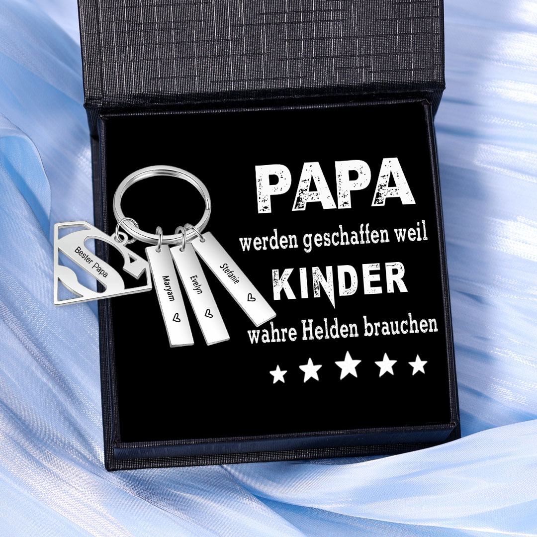 Personalisierbarer Text & 3 Namen Papa werden geschaffen weil Kinder warhe Helden brauchen Schlüsselanhänger-Geschenk mit Nachrichtenkarte