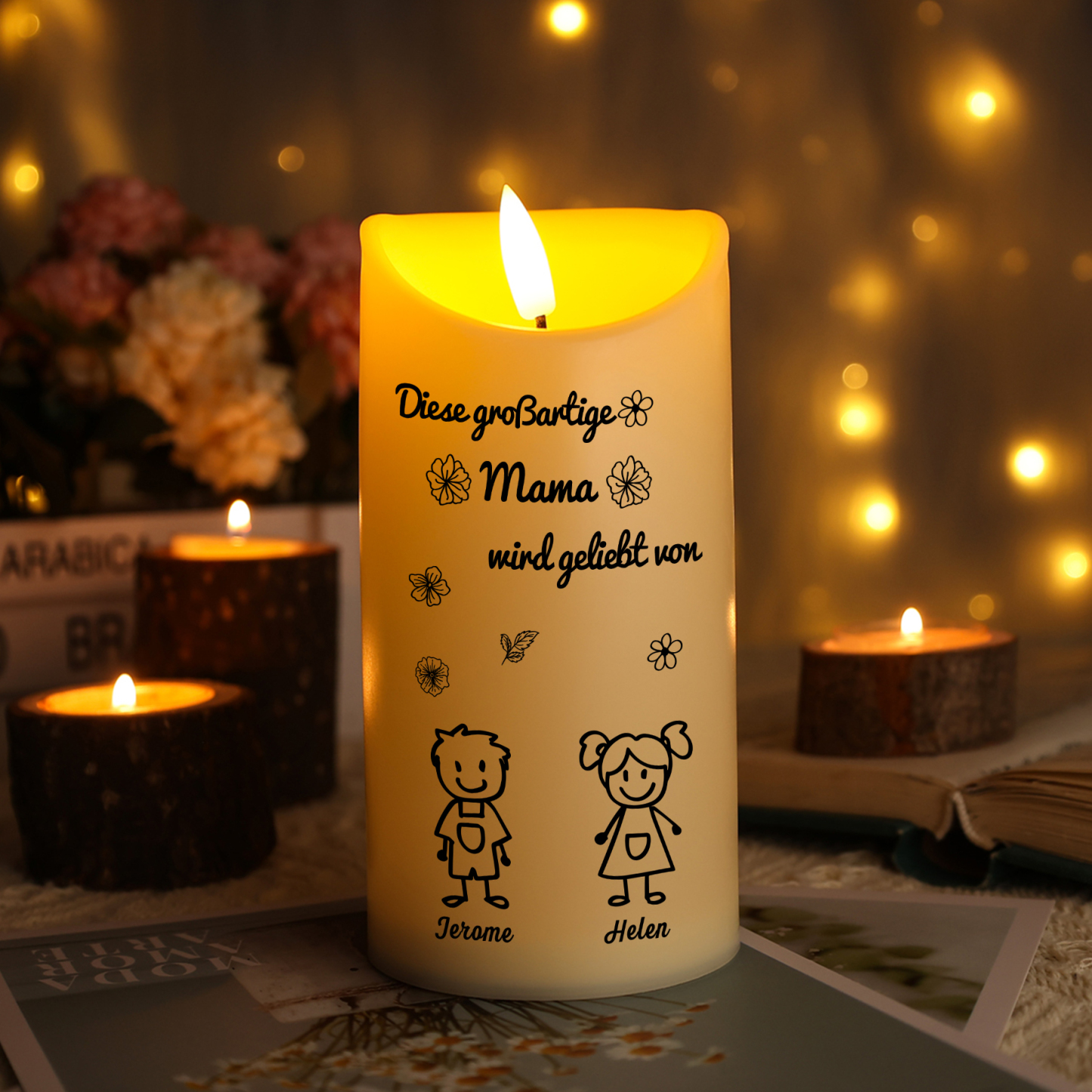 Personalisierte LED-Kerze mit 2 Namen & Muster – Diese großartige Mama wird geliebt von.. – perfektes Geschenk für Mama