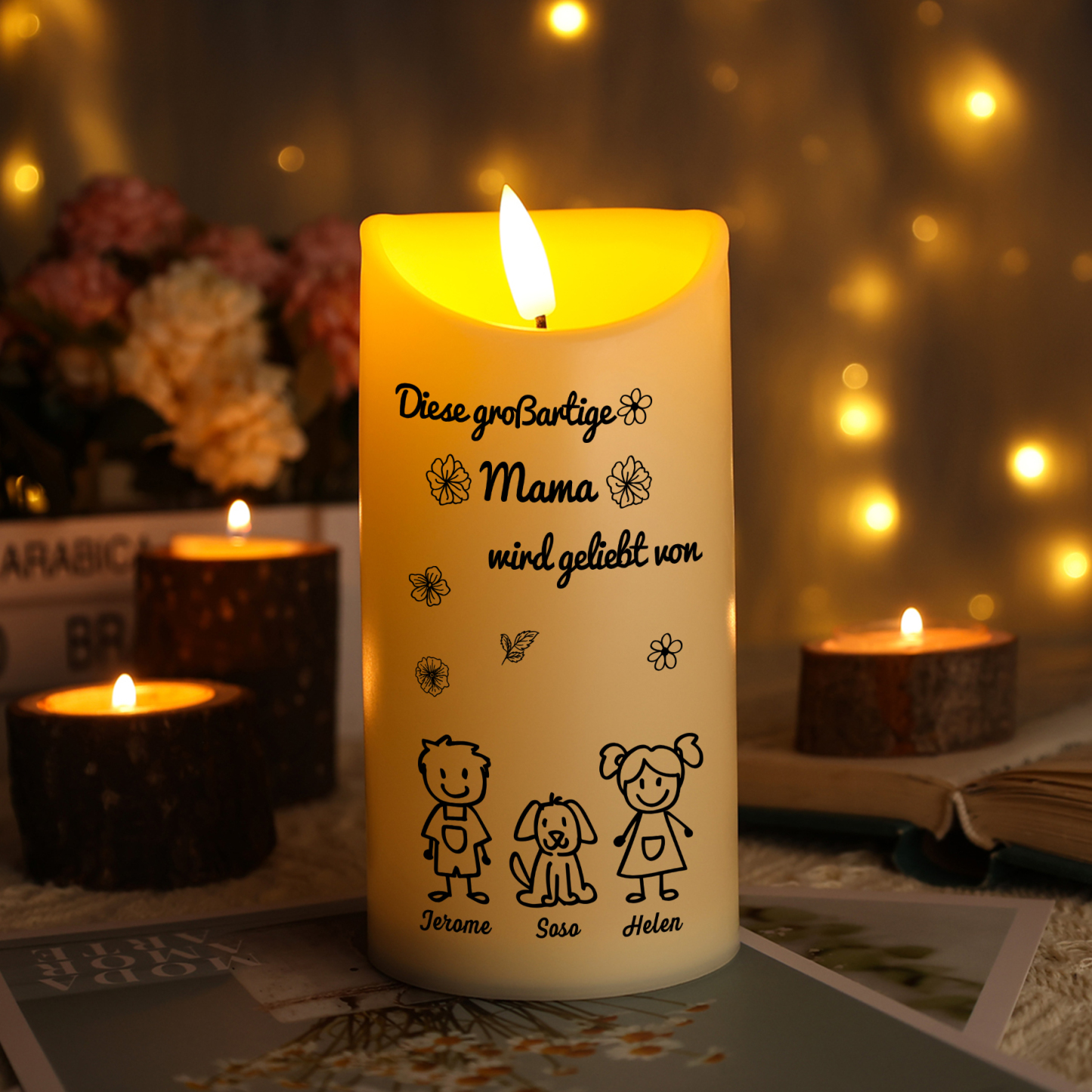 Personalisierte LED-Kerze mit 3 Namen & Muster – Diese großartige Mama wird geliebt von.. – perfektes Geschenk für Mama