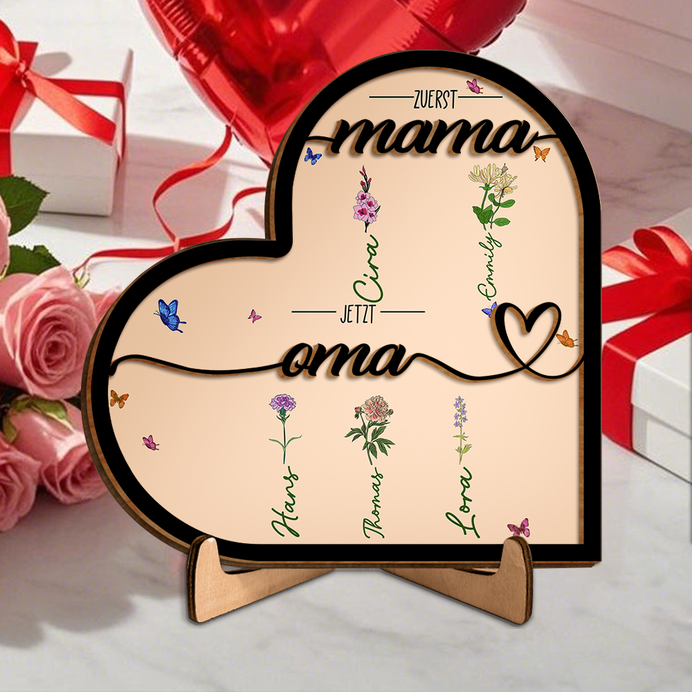 Herz-Holz Deko-Personalisierbare 1-10 Namen & Geburtsblume Ornament Zuerst Mama Jetzt Oma Holzdekoration für Mutter/Großmutter