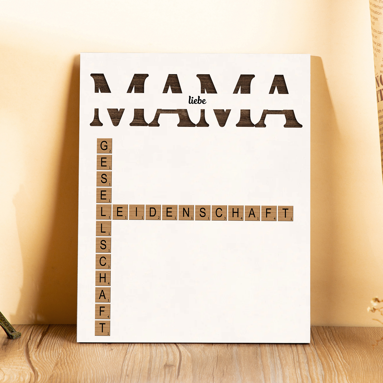 Kreuzworträtsel mit Holzrahmen, personalisierte Namen und Lebensbaum