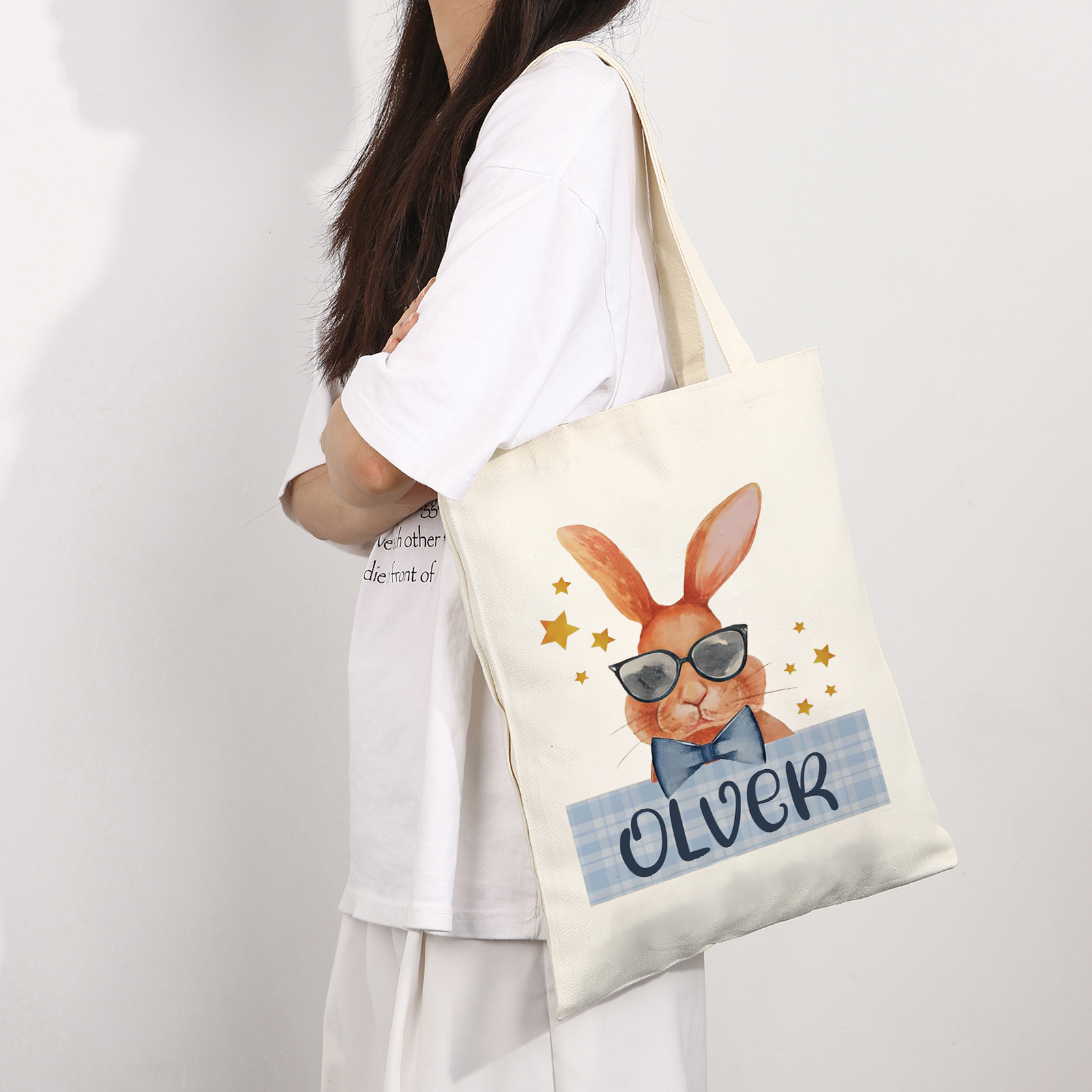 Personalisierbarer Name & Text Ostern Leinen Hase Tasche
