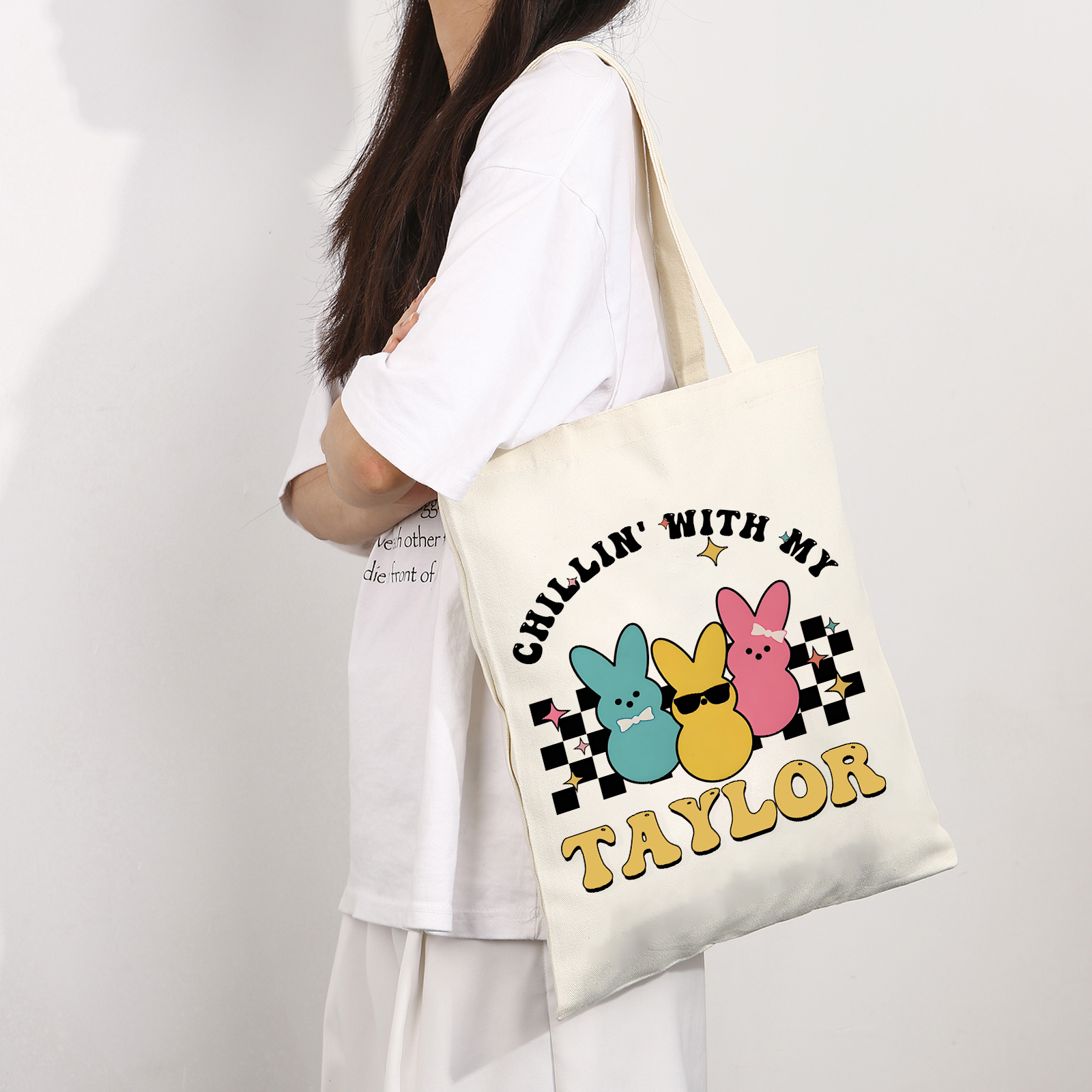 Personalisierbarer Name & Text Ostern Leinen Hase Tasche