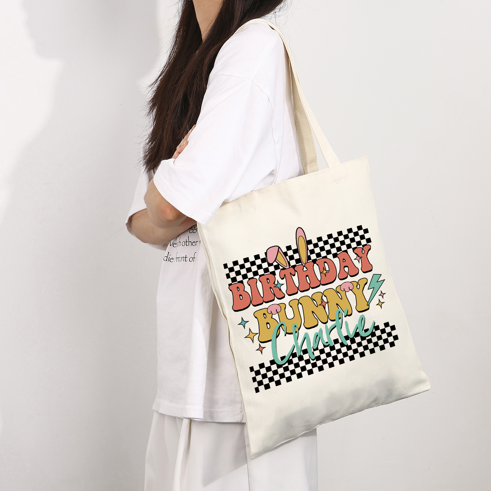 Personalisierbarer Name & Text Ostern Leinen Hase Tasche