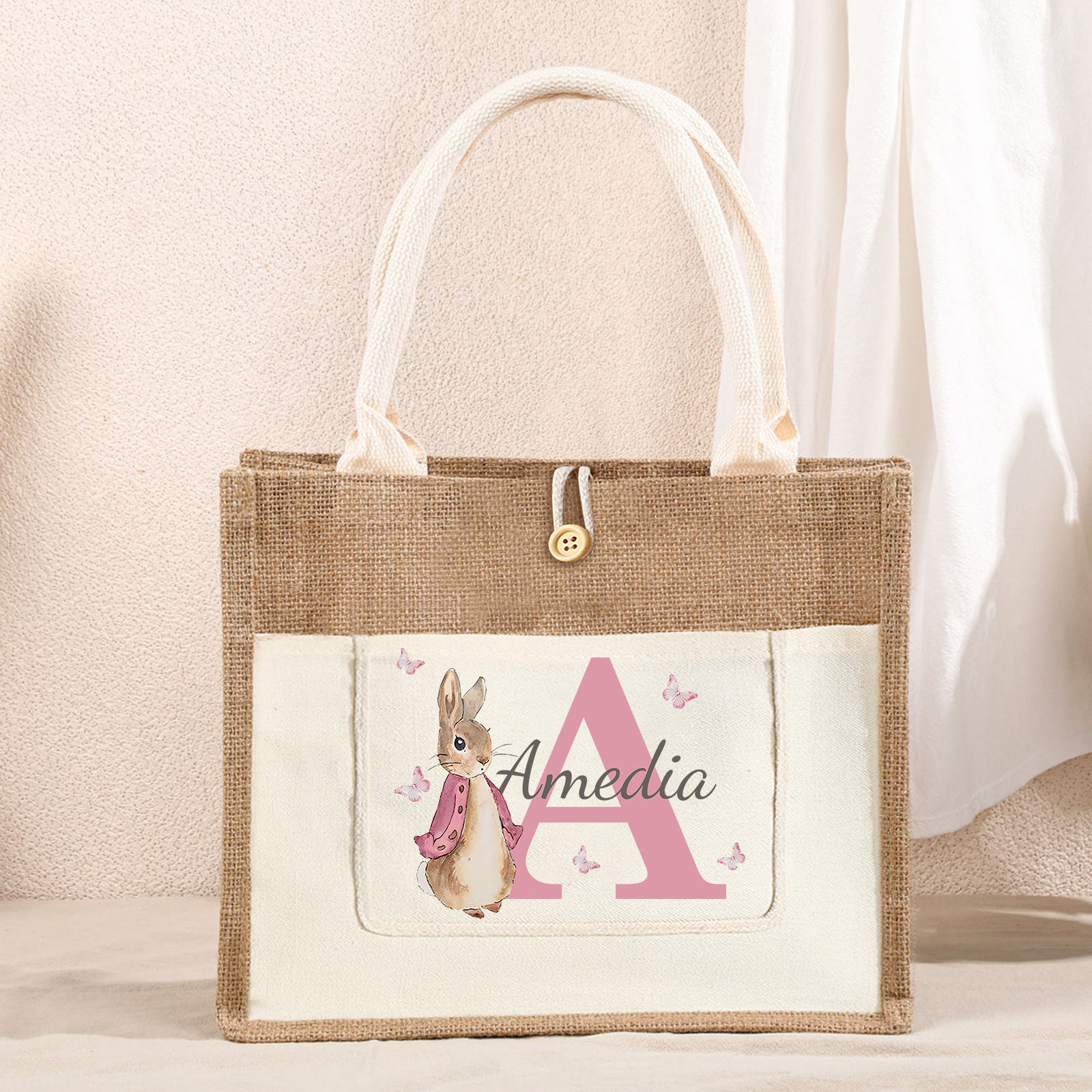 Personalisierbarer Name & Buchstabe Ostern Leinen Hase Tasche