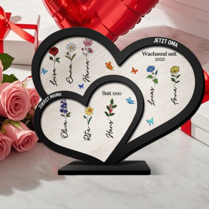 Doppelherz Holzbild-Personalisierte Namen & Geburtsblume, zuerst Mama, Jetzt Oma-Geschenk zum Muttertag