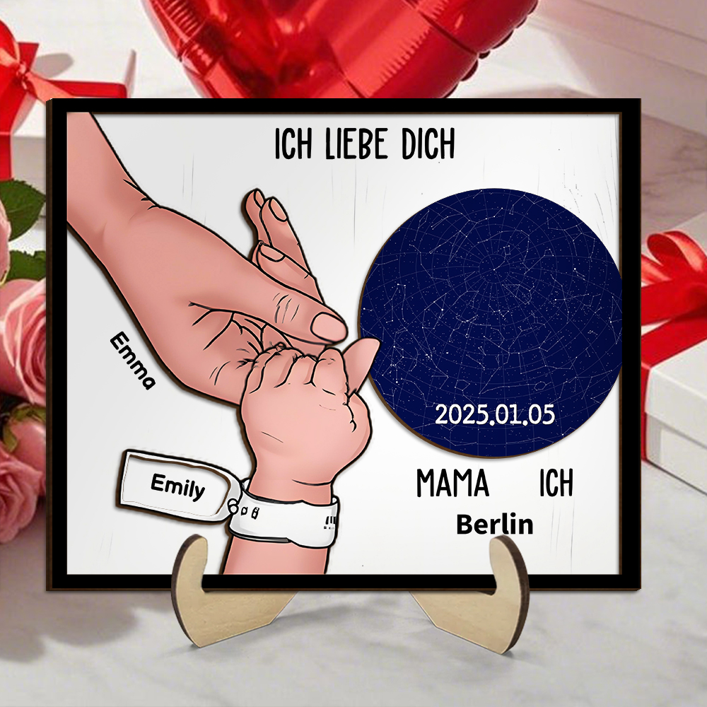 Holzbild Sternenkarte-Personalisierte Namen & Text & Datum-Hand in Hand-Geschenk zum Muttertag