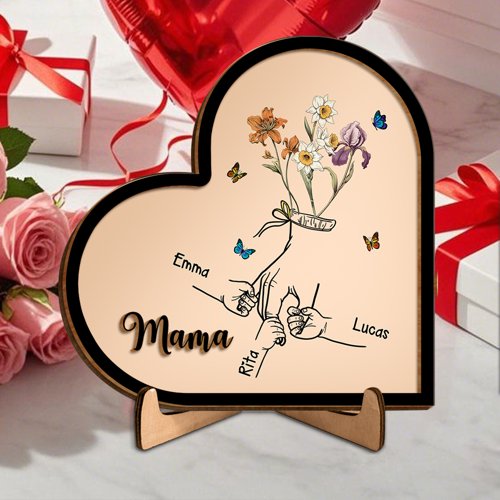 Herz Holzbild-Personalisierte 1-10 Namen & Geburtsblume-Geschenk zum Muttertag