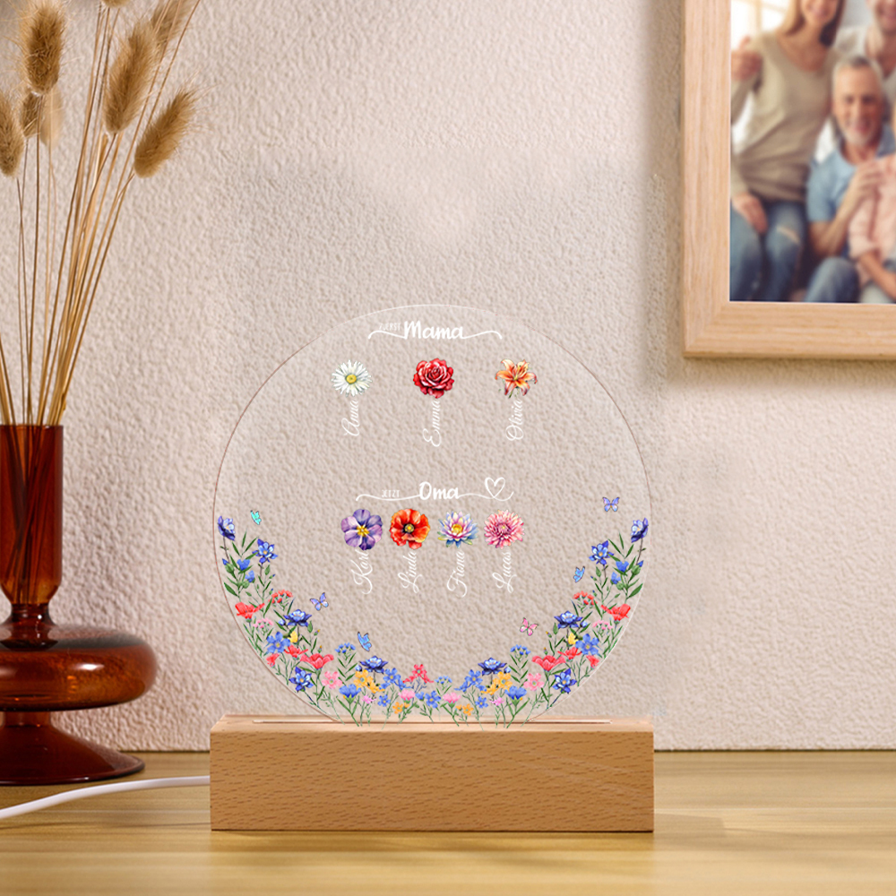 Personalisierte 1-8 Namen & Geburtsblumen Rund Nachtlicht-Zuerst Mama, Jetzt Oma-Geschenk für Großmutter zum Muttertag