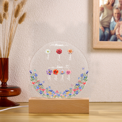 Personalisierte 1-8 Namen & Geburtsblumen Rund Nachtlicht-Zuerst Mama, Jetzt Oma-Geschenk für Großmutter zum Muttertag