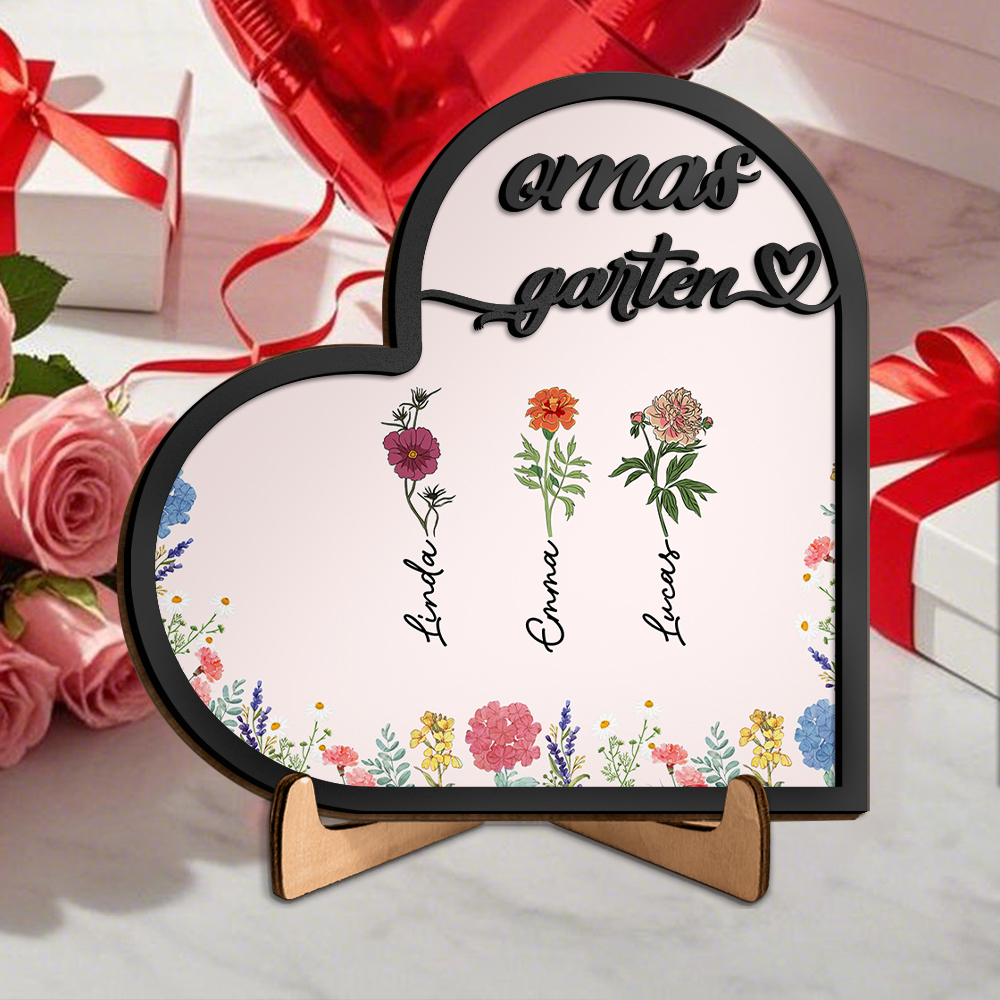 Herz Holzbild-Personalisierte 1-7 Namen & Geburtsblumen -Omas Garten-Geschenk zum Muttertag für Mama/Oma