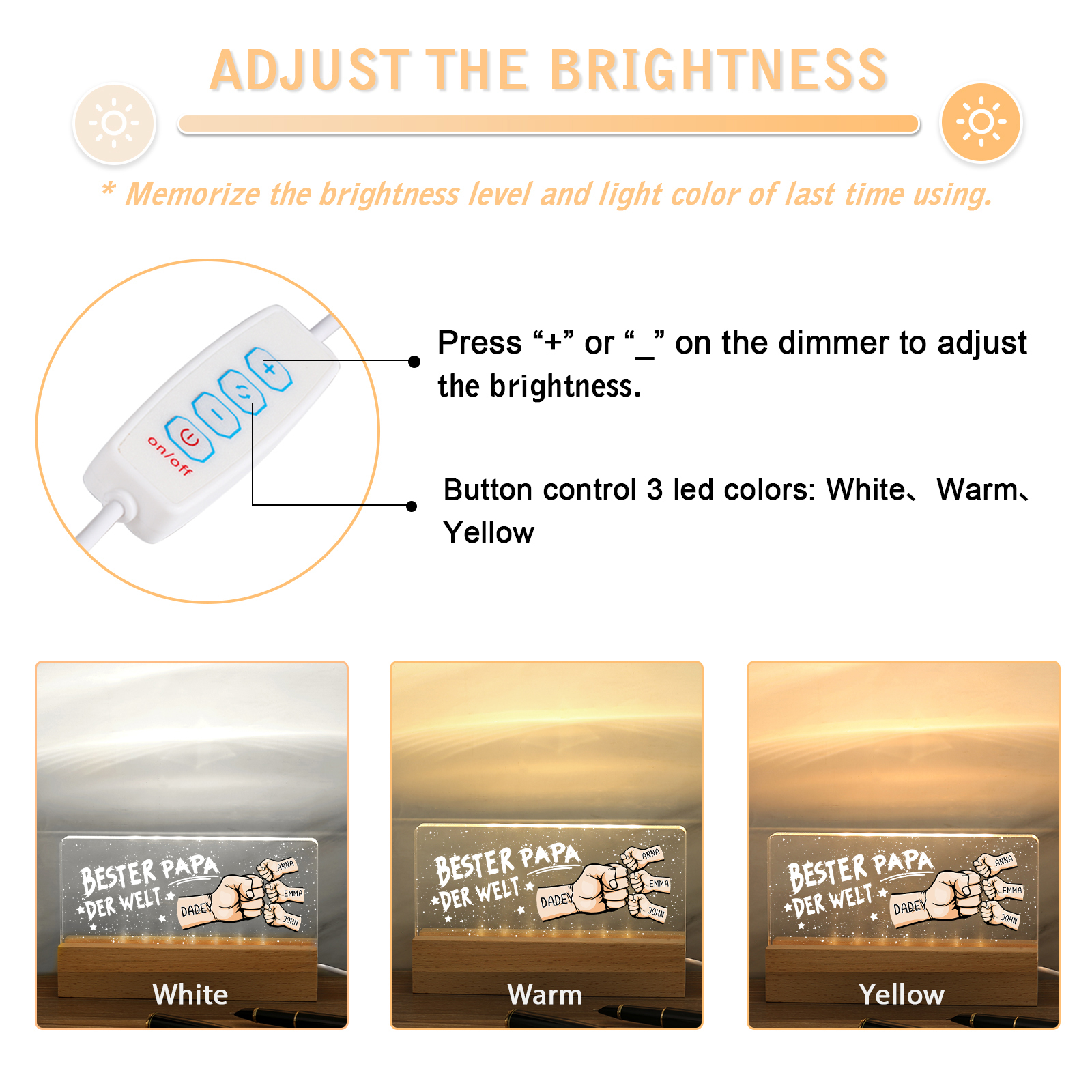 Personalisierte 4 Namen PAPA Faust Nachtlicht Geschenk für Vater-Bester Papa der Welt