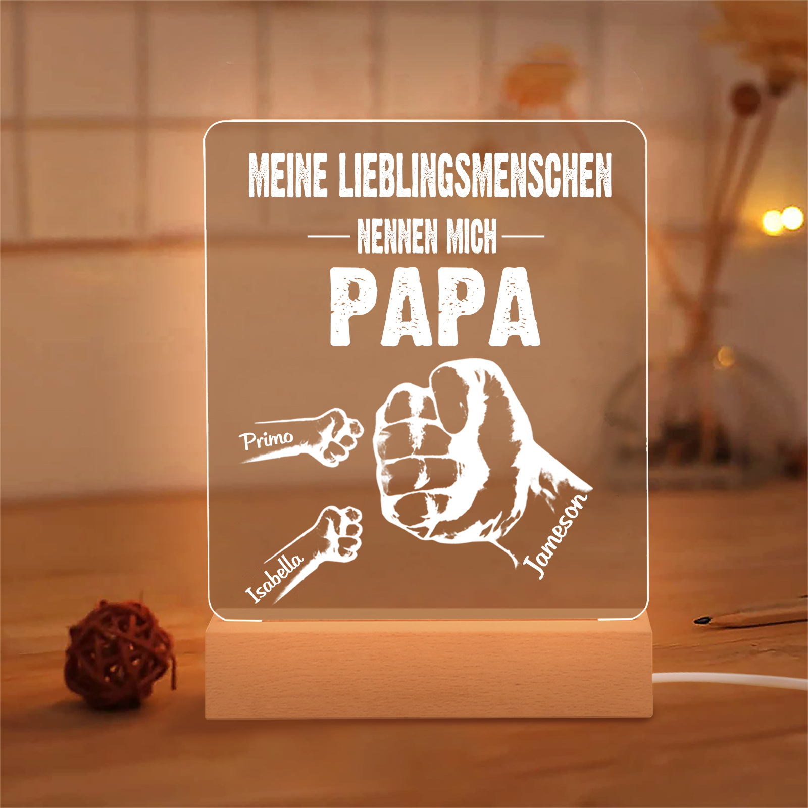 Personalisierte 3 Namen & Text PAPA Faust Nachtlicht- Meine Lieblingsmenschen nennen mich Papa-Geschenk für Vater-Unsere Familie