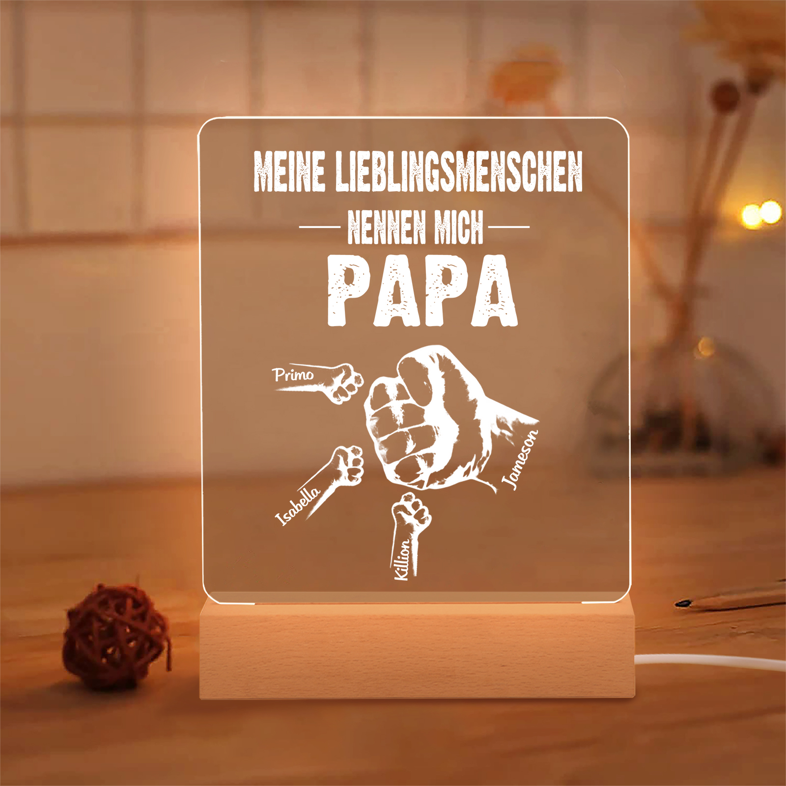 Personalisierte 4 Namen & Text PAPA Faust Nachtlicht- Meine Lieblingsmenschen nennen mich Papa-Geschenk für Vater-Unsere Familie