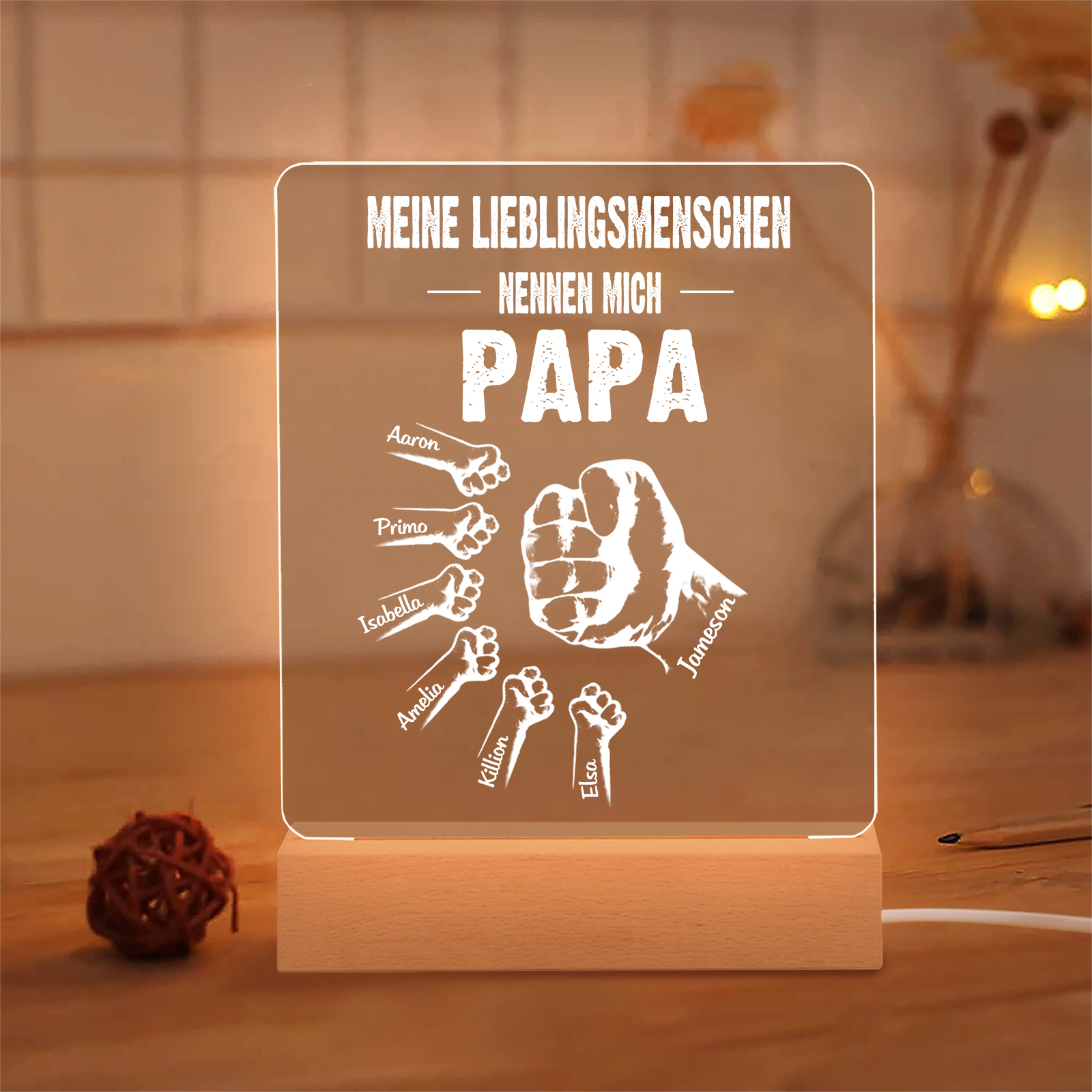 Personalisierte 7 Namen & Text PAPA Faust Nachtlicht- Meine Lieblingsmenschen nennen mich Papa-Geschenk für Vater-Unsere Familie