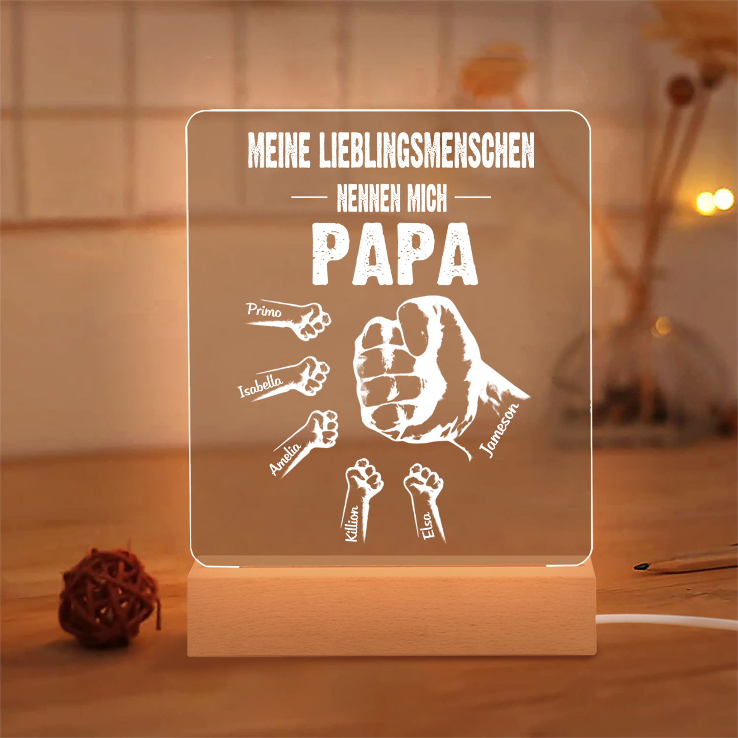 Personalisierte 6 Namen & Text PAPA Faust Nachtlicht- Meine Lieblingsmenschen nennen mich Papa-Geschenk für Vater-Unsere Familie
